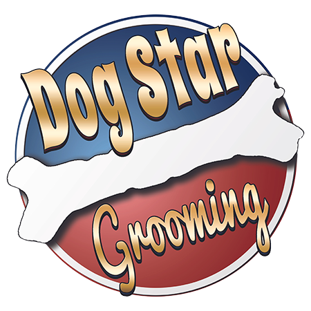 blue and burnt red-brown circle with a dog bone and the text "Dog Star Grooming"