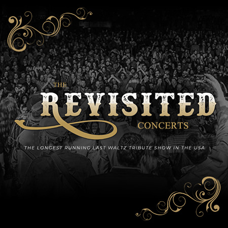 Black and white image of crowd at concert with gold flourishes and saloon style text the Revisted Concerts